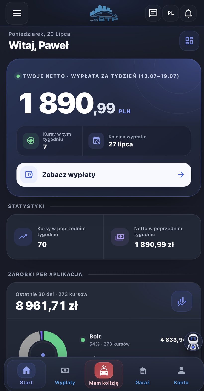 Aplikacja BTP — pulpit kierowcy: zarobki, kursy i wypłaty