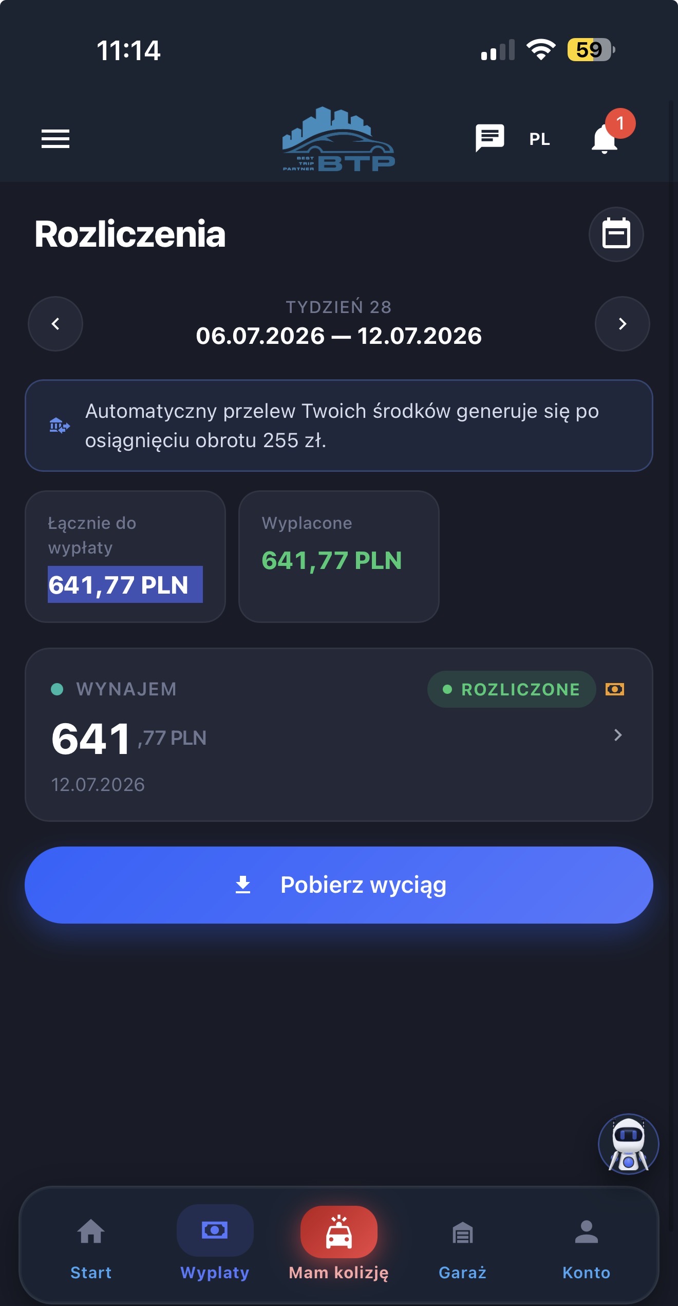 Ekran rozliczeń i wypłat w aplikacji BTP
