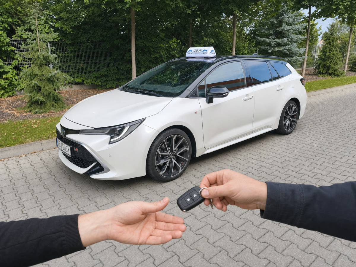 Przekazanie kluczyków do białego kombi BTP TAXI